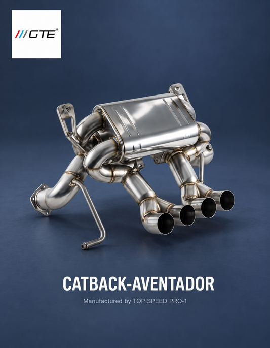 Alternate view of TOP SPEED PRO-1 CATBACK-AVENTADOR exhaust showing four open outlets, mounting brackets and inlet flange in GTE studio presentation.