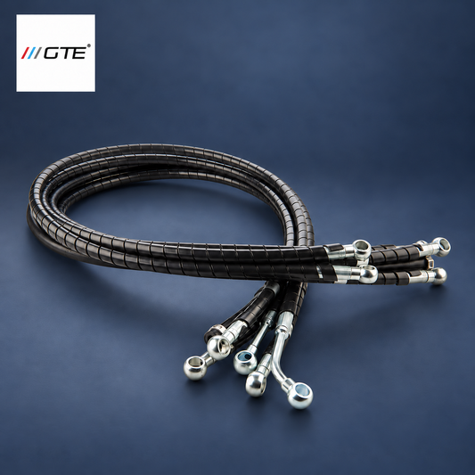 GTE Engineering hydraulic hose set with protective spiral wrap and silver fittings