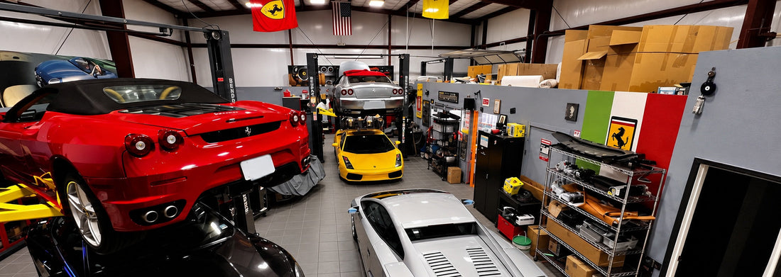 Ferrari, Lamborghini and Maserati vehicles in the GTE Engineering workshop