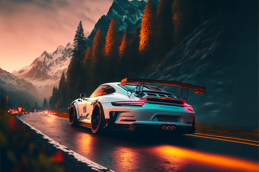Illustration of a Porsche sports car on a mountain road