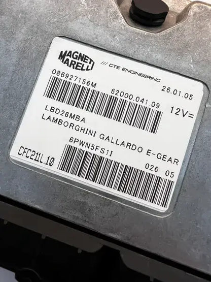 Original Magneti Marelli Gallardo E-Gear controller label showing hardware 086927156M and software LBD26MBA.