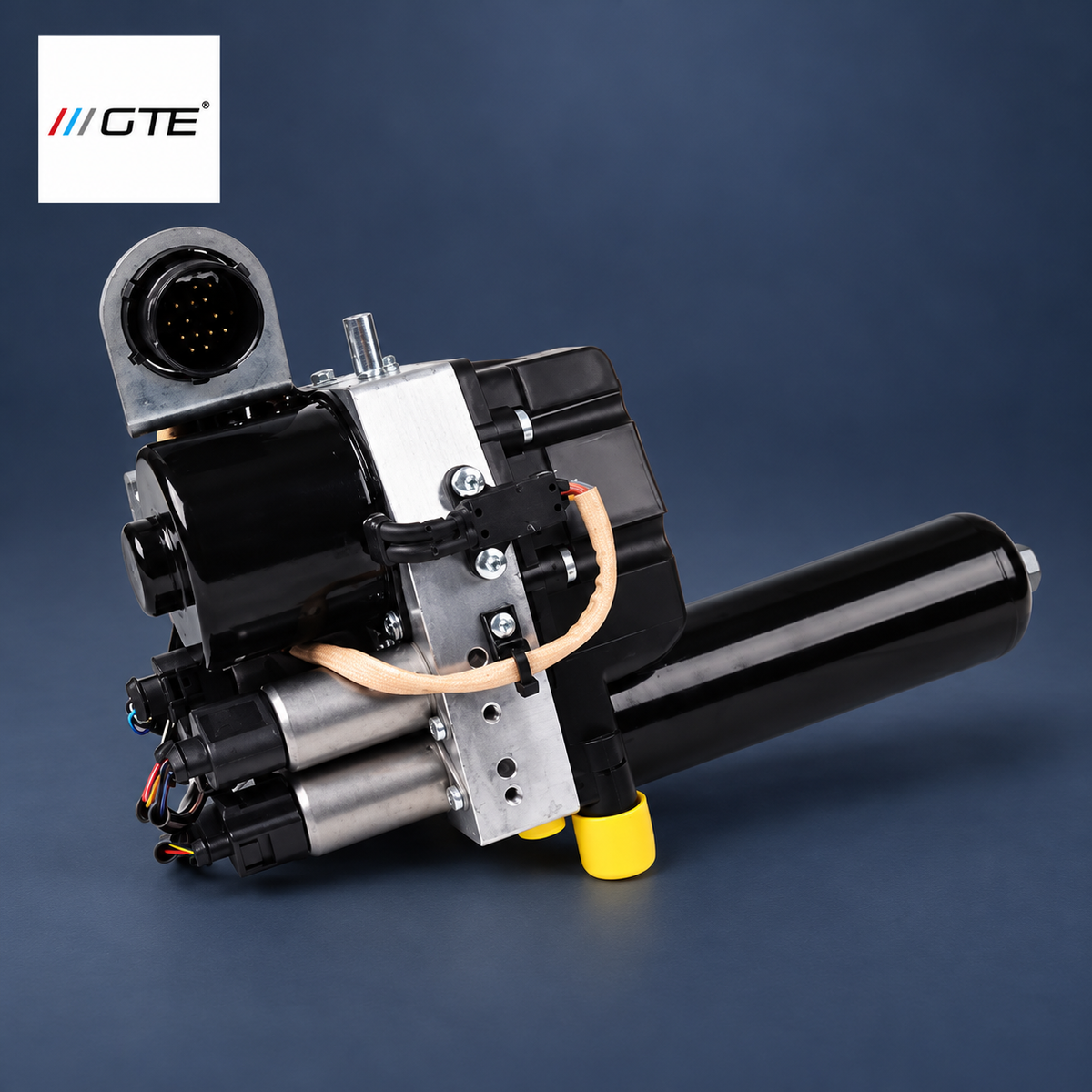 21532229715 BMW E46 M3 SMG II hydraulic unit OEM side-view reference with main electrical connector and accumulator