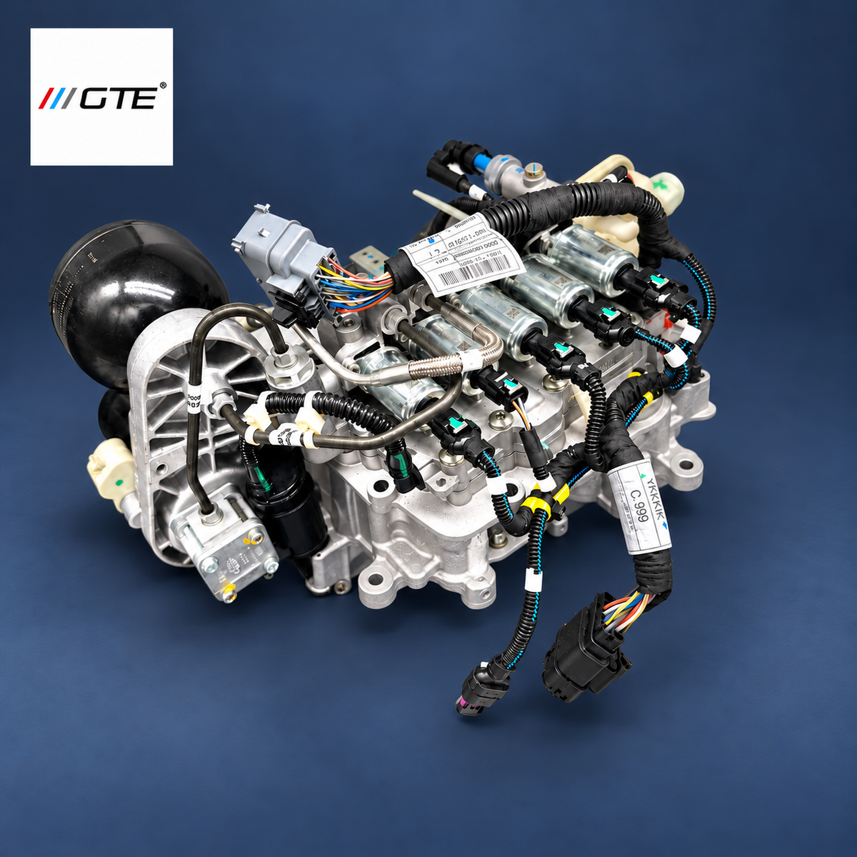 55260752 / 46339729 Alfa Romeo TCT shift actuator, angled view of hydraulic block, accumulator and wiring