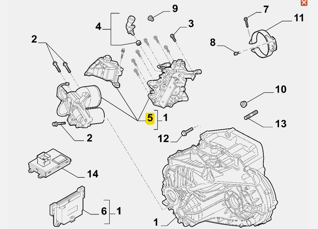 Alfa Romeo TCT gearbox and actuator exploded diagram, with actuator callout 5 highlighted for identification