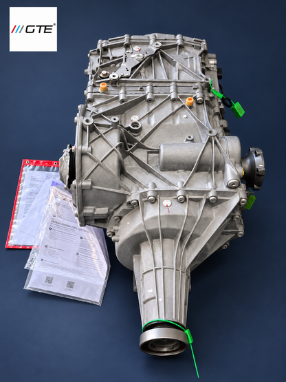 GTE Engineering rebuilt 7DCL750 transmission, rear view with inspection paperwork