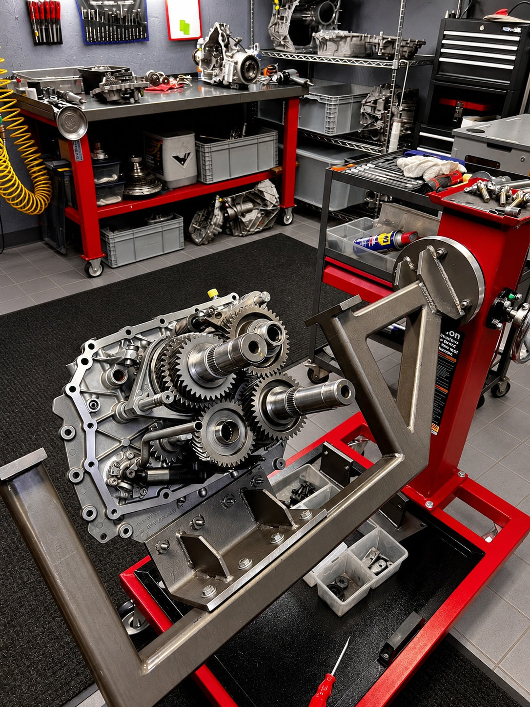 GTE Engineering transmission rebuild work area with exposed gearbox gears on a rotating fixture and gray tile flooring
