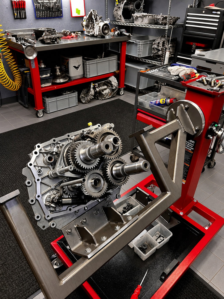GTE Engineering transmission rebuild work area with exposed gearbox gears on a rotating fixture and gray tile flooring