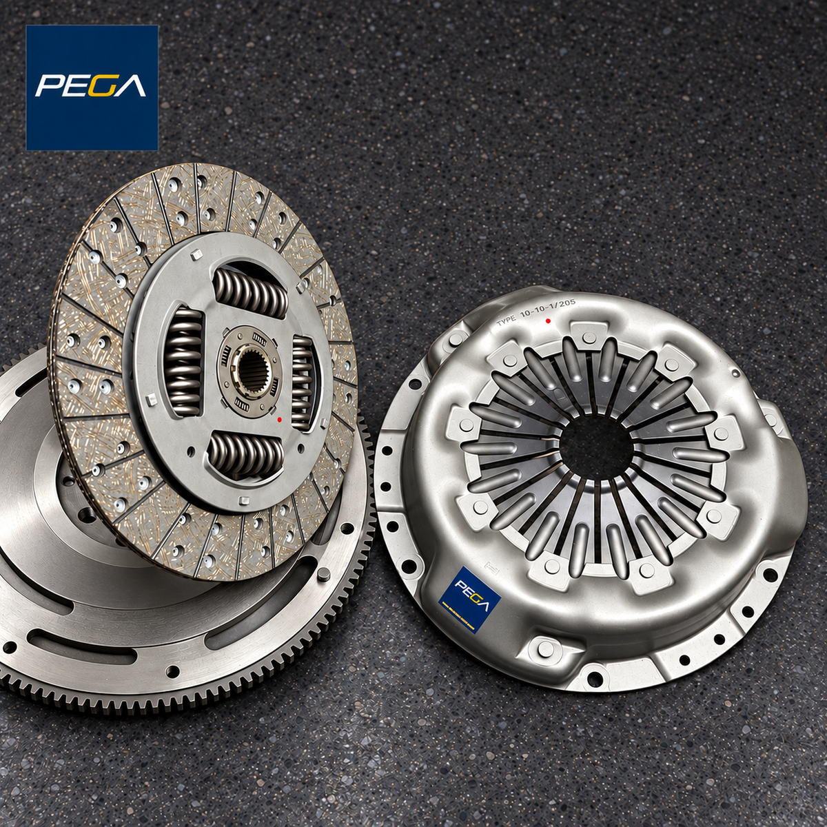 Aston Martin V8 PEGA Stage 1 Organic clutch service example with disc, pressure plate and flywheel; additional components and flywheel service are separate