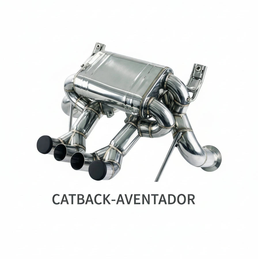 Original supplier front view of the TOP SPEED PRO-1 CATBACK-AVENTADOR exhaust, showing four outlets and printed part identifier.