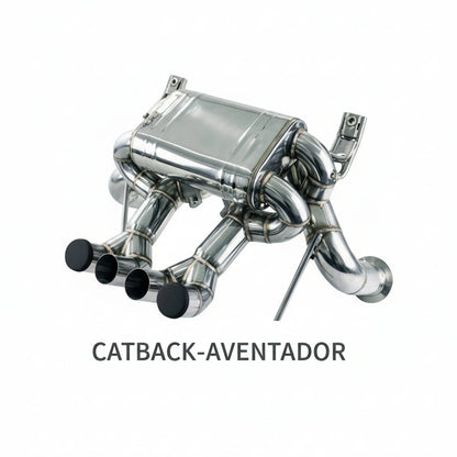 Original supplier front view of the TOP SPEED PRO-1 CATBACK-AVENTADOR exhaust, showing four outlets and printed part identifier.