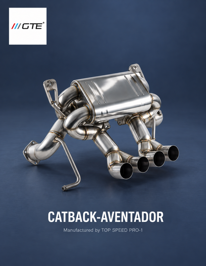 Alternate view of TOP SPEED PRO-1 CATBACK-AVENTADOR exhaust showing four open outlets, mounting brackets and inlet flange in GTE studio presentation.