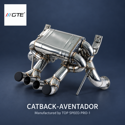 TOP SPEED PRO-1 CATBACK-AVENTADOR exhaust with muffler, pipes and four outlets, shown in GTE studio presentation.