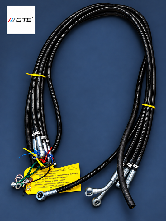 GTE long hydraulic hose-set overview, isolated from a Ferrari 360 set; representative workmanship for other applications