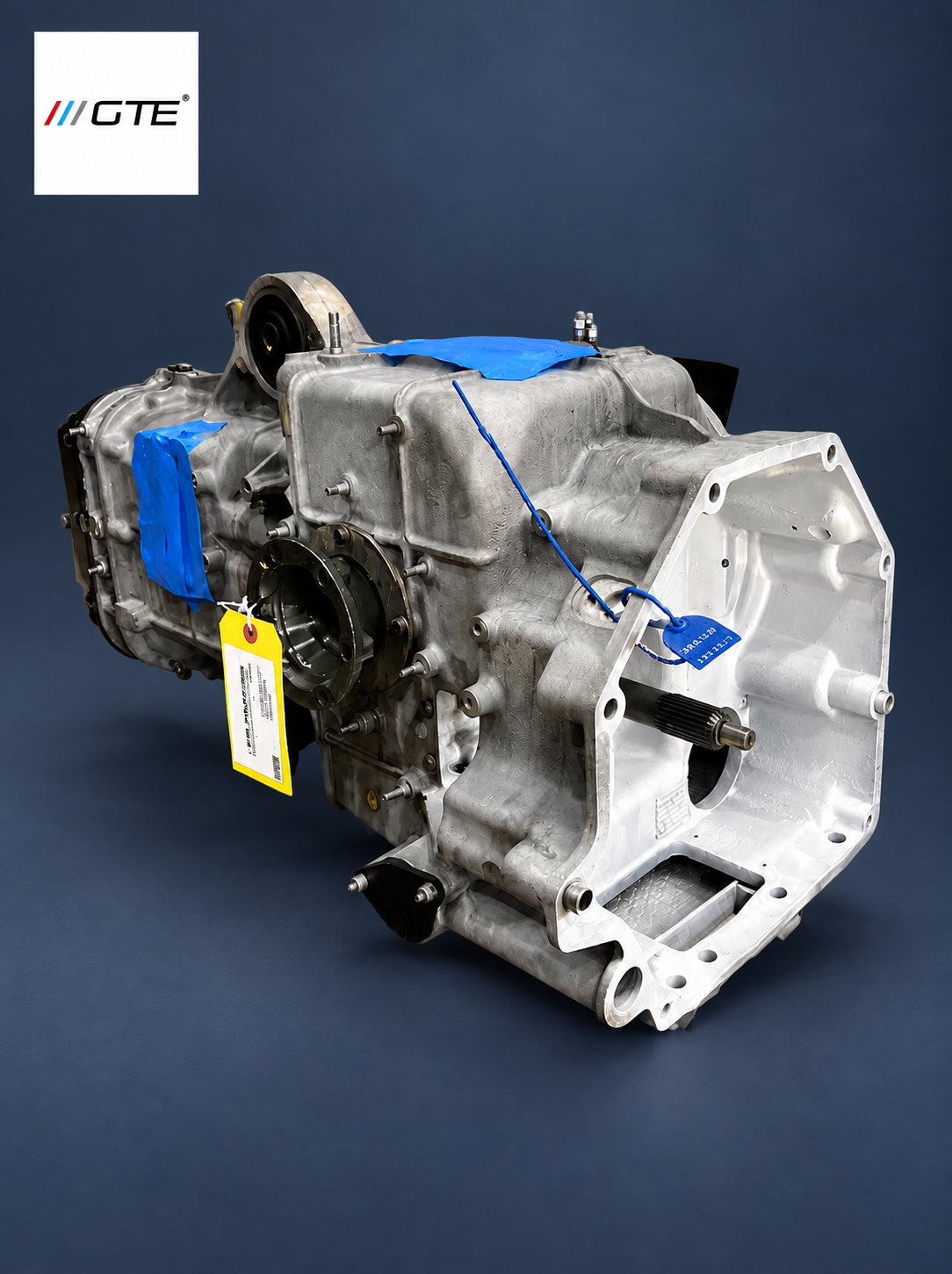 Ferrari 360 Modena transmission, front three-quarter view with input shaft, protected ports and inspection tags.