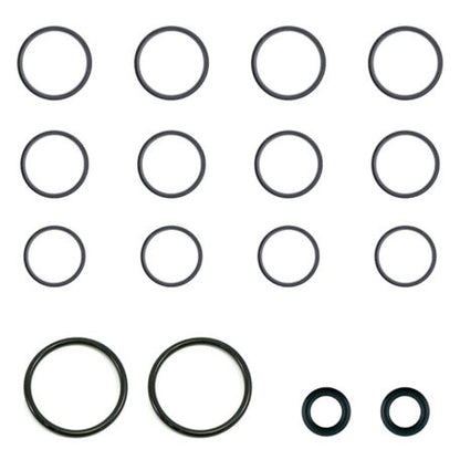 Original Ferrari Getrag 7DCL750 SAP valve-body seal-kit layout showing twelve smaller rings, two larger rings and two small dark-green seals