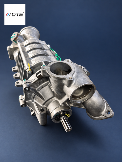 GTE Engineering water-pump rebuild service example showing drive shaft and pump ports, with security seals retained