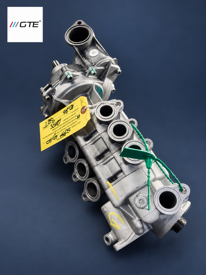 GTE Engineering water-pump rebuild service example for Ferrari and Maserati listings, with green security seals and inspection tag; housing varies by application