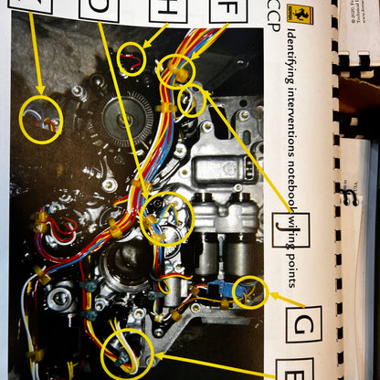 Original Ferrari CCP annotated transmission wiring-points reference with yellow arrows; exact PTU application unverified.