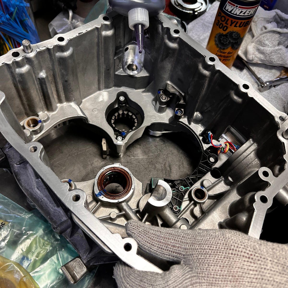 Getrag 7DCL750 transmission housing during disassembly