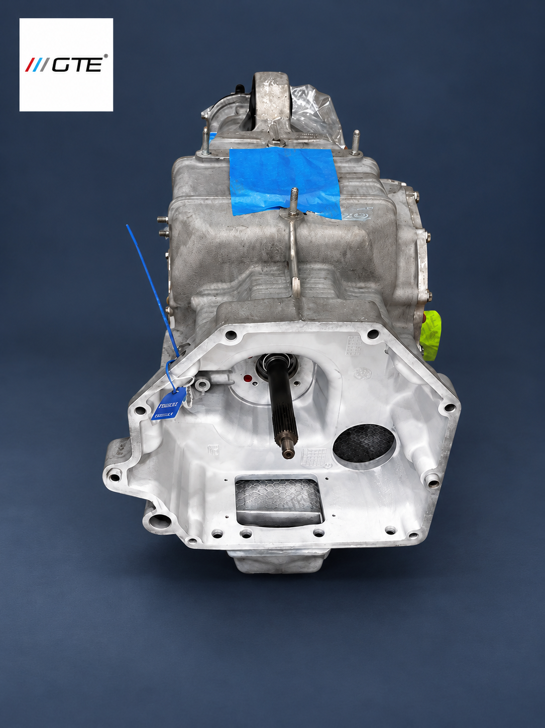 Ferrari 360 Modena transmission rebuild, upper front view with protected ports and security seal.