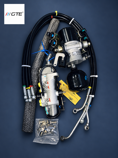 Ferrari F355 F1 hydraulic system rebuilt by GTE Engineering, showing actuator, power unit, accumulator and hose set