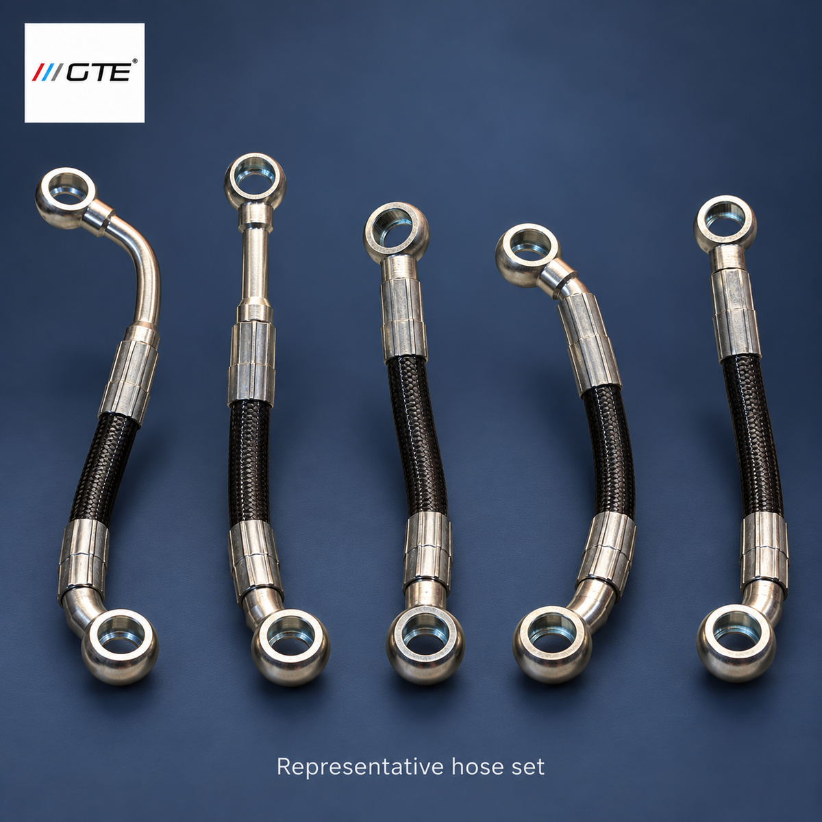 Representative five-line short hydraulic hose layout; model-specific lengths and fittings vary