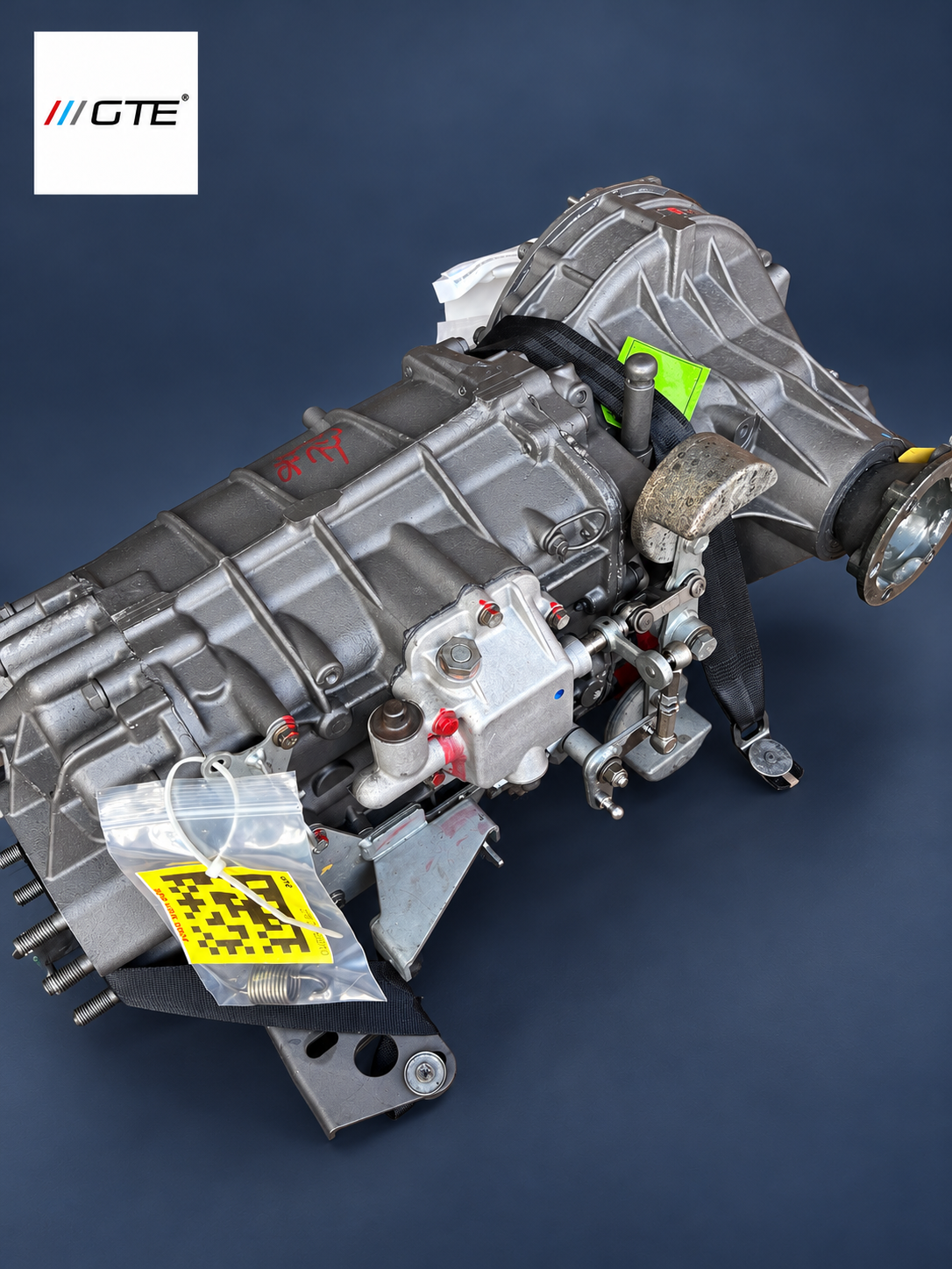 Maserati GranSport transmission rebuilt by GTE Engineering, showing selector linkage, counterweight and inspection tags