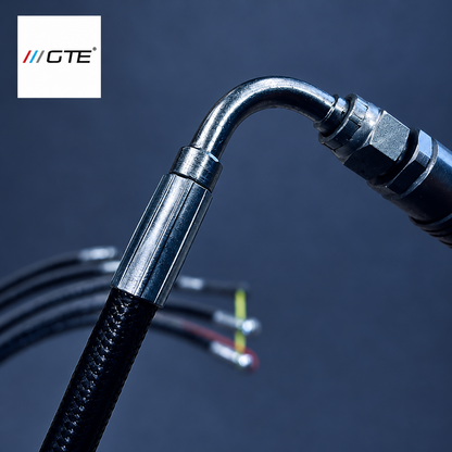 GTE hydraulic-hose workmanship example showing a curved elbow, hex fitting and crimp sleeve on black braided hose; shared detail view, not a specific six-hose set