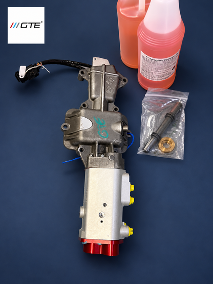 Lamborghini Gallardo 2004–2008 E-Gear actuator rebuilt with GTE F1 PowerShift, rear view with hydraulic fluid and service components.