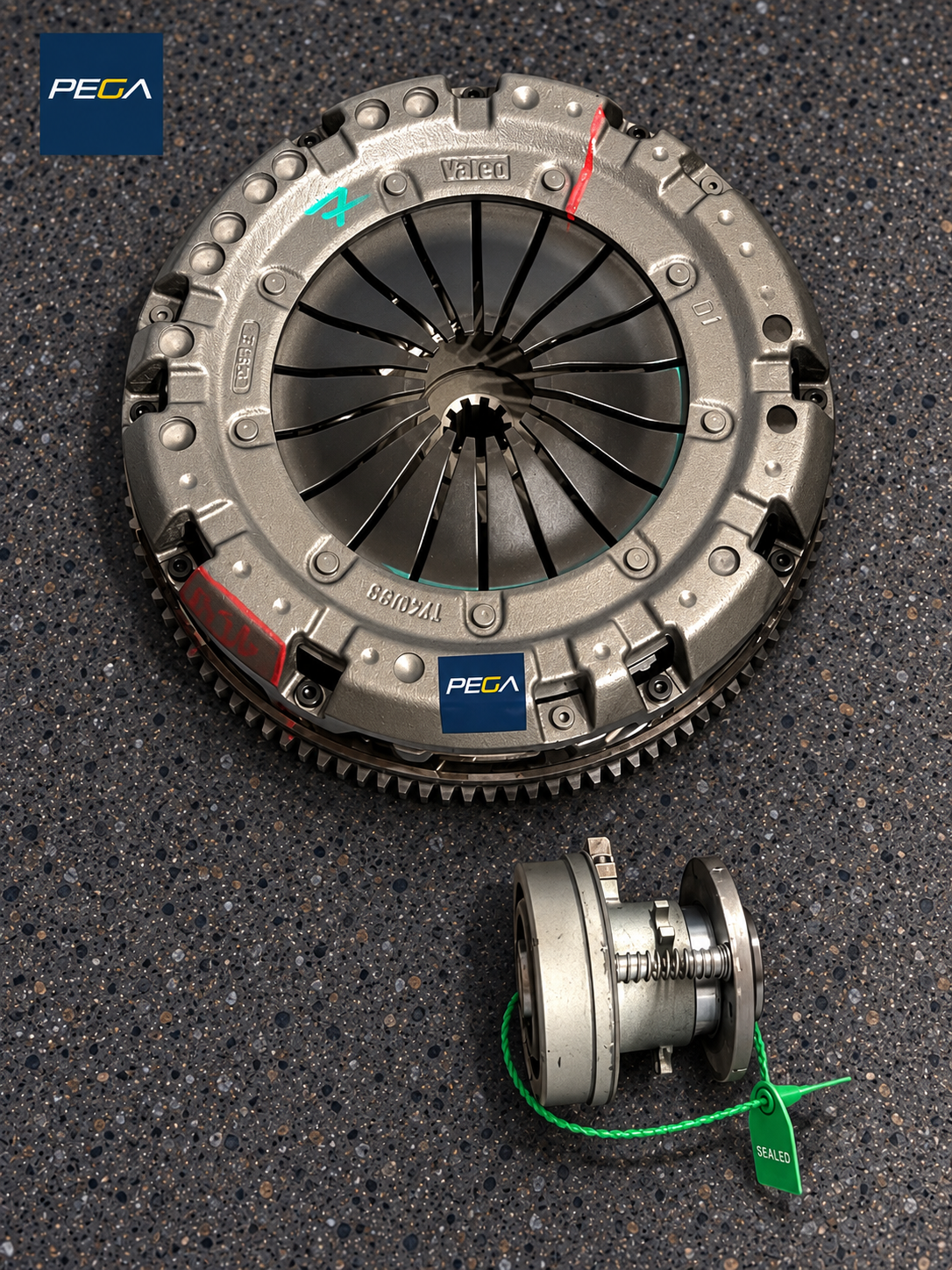 Lamborghini Murcielago PEGA clutch service example with accompanying release bearing and green inspection seal; additional bearing work is quoted separately