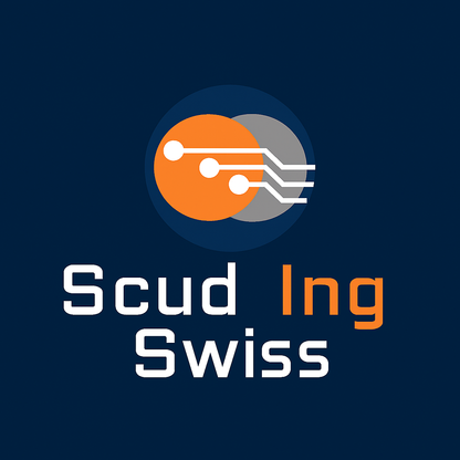 Scud Ing Swiss brand identification graphic with orange and gray circuit emblem.
